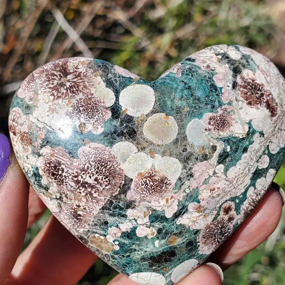 Green Rhyolite Cherry Blossom Puffy Heart Crystal Carving 96 grams